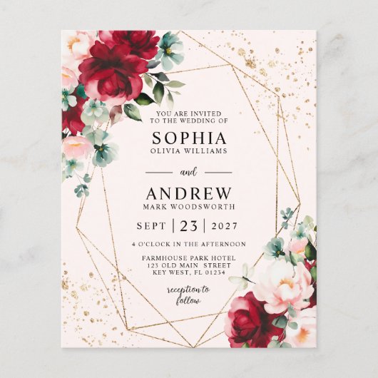 Papier Budget Rose rouge & or Faire-part de mariage Flora (Devant)