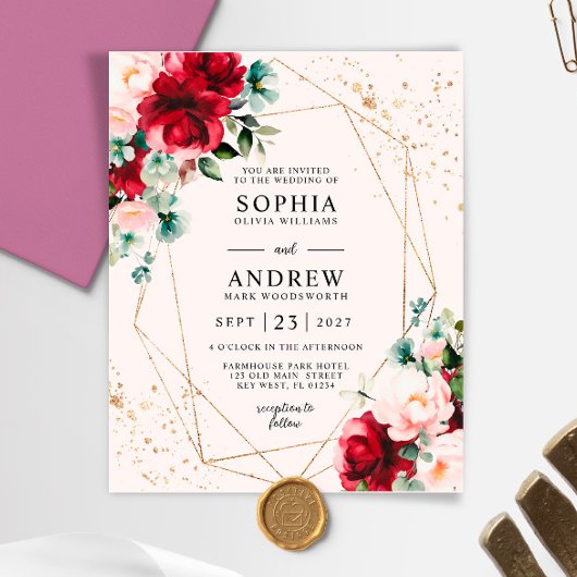 Papier Budget Rose rouge & or Faire-part de mariage Flora