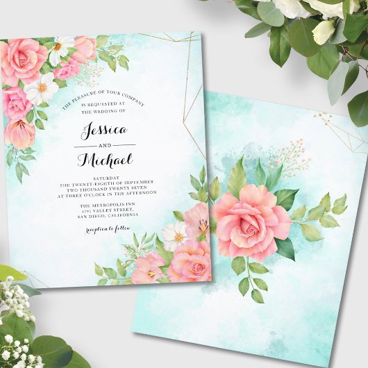 Papier Budget Rose Turquoise Faire-part de mariage Floral