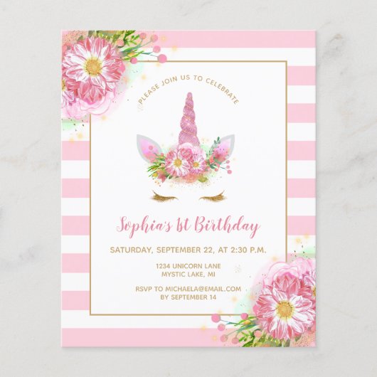 Papier Budget Rose Unicorn Girls Anniversaire Invitation (Devant)