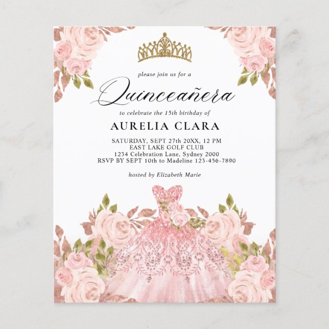 Papier BUDGET Rosegold Robe rose Floral 15e Quinceañera (Devant)