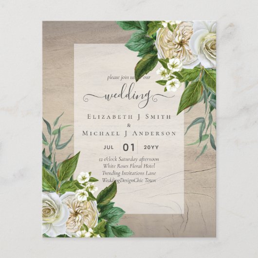 Papier BUDGET ROSES BLANCHES Invitations MARIAGE CHIC (Devant)