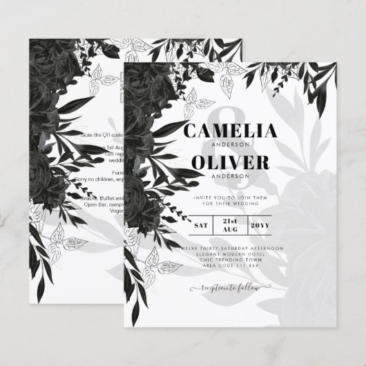 Papier BUDGET Roses Noires Élégante Invitation de Mariage (Devant / Derrière)