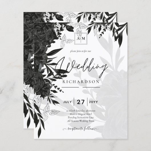 Papier BUDGET Roses noirs Élégant Mariage blanc Invitatio (Devant / Derrière)