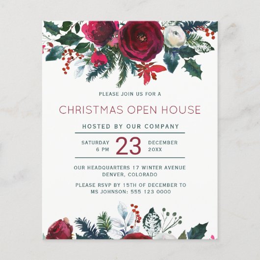 Papier Budget rouge floral Noël open house Invitation (Devant)