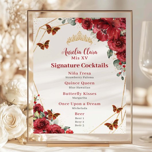 Papier Budget Rouge Floral Quinceanera XV Bar d'anniversa