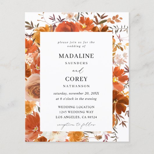 Papier Budget Rouge & Orange Automne Mariage Floral B (Devant)