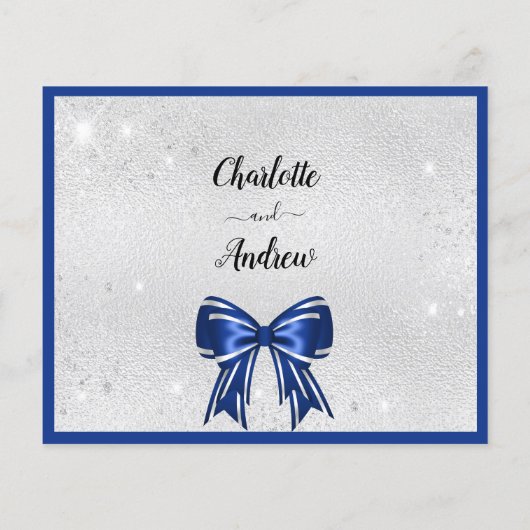Papier Budget royal bleu élégant arc mariage RSVP (Dos)