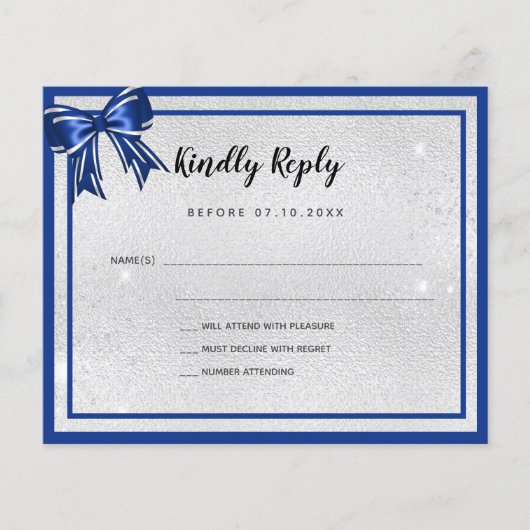 Papier Budget royal bleu élégant arc mariage RSVP (Devant)
