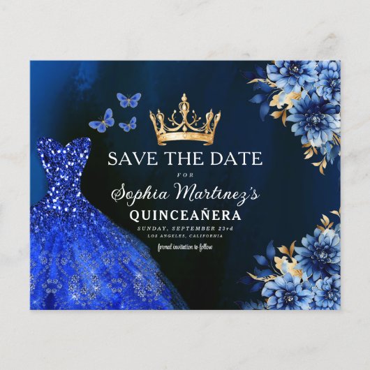 Papier Budget Royal Bleu Enregistrer la date Quinceanera (Devant)