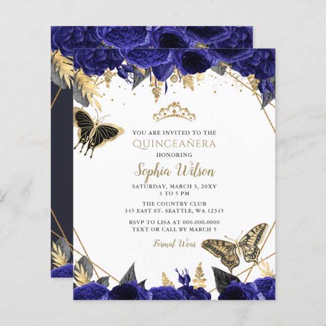 Papier Budget Royal Blue Butterfly Quinceañera invitation (Devant / Derrière)