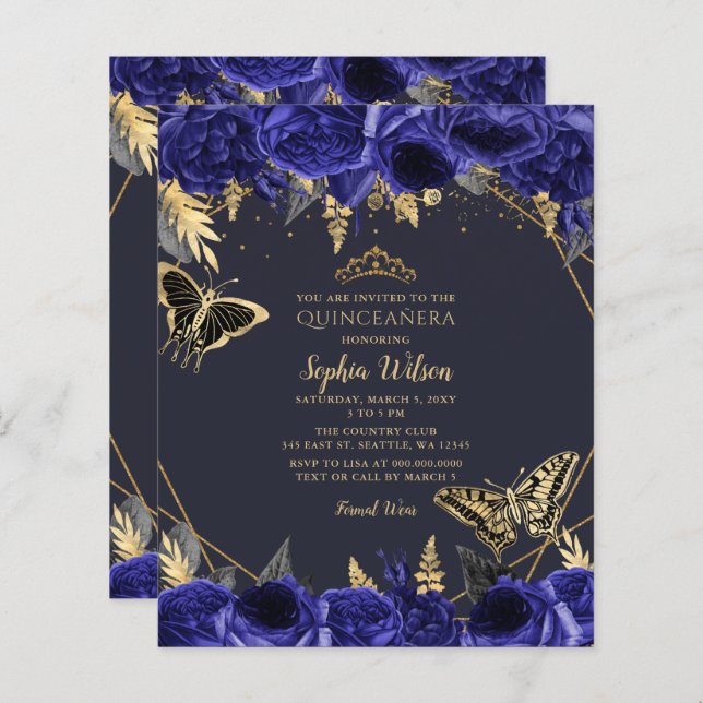 Papier Budget Royal Blue Butterfly Quinceañera Invitation (Devant / Derrière)