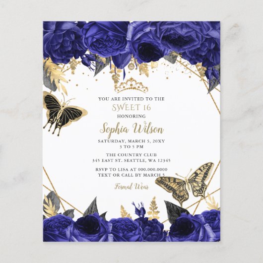 Papier Budget Royal Blue Butterfly Sweet 16 Invitation (Devant)