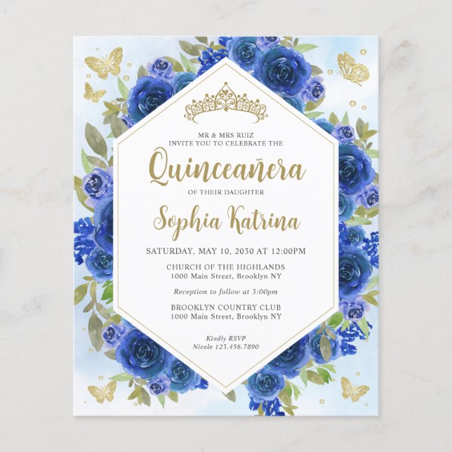 Papier Budget Royal Blue Floral or Quinceañera (Devant)