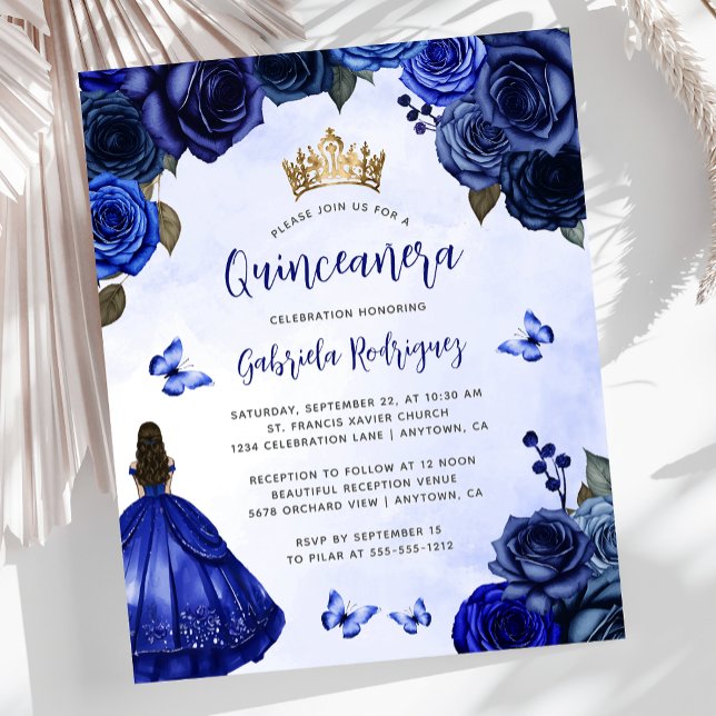 Papier Budget Royal Blue Floral Princesse Quinceañera (Créateur téléchargé)