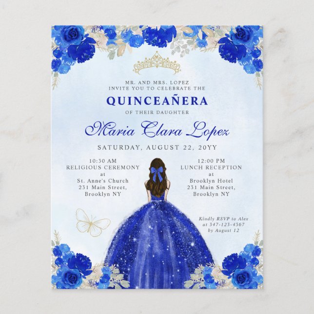 Papier Budget Royal Blue Gold Floral Princess Quinceañera (Devant)