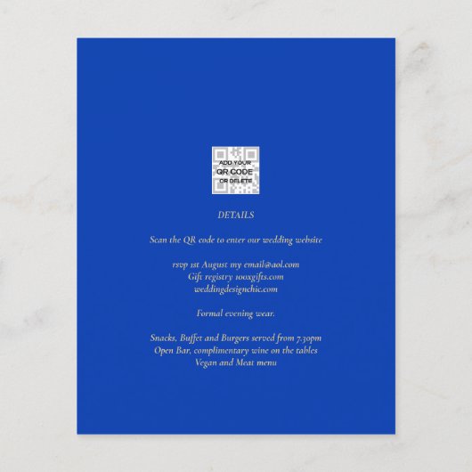 Papier Budget Royal Blue Monochrome Mariage INVITE (Dos)