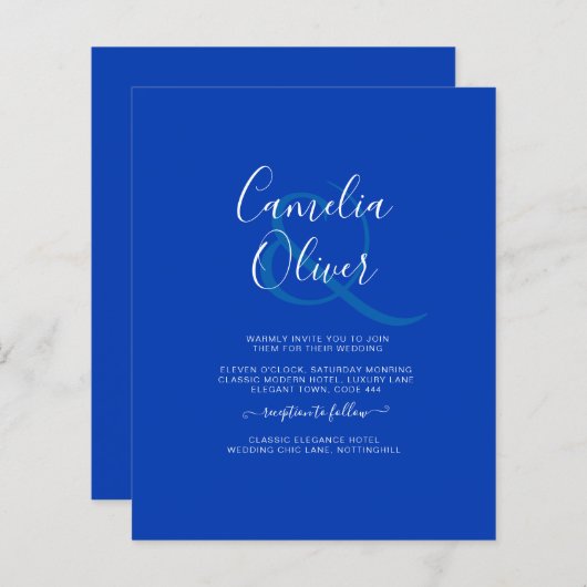 Papier Budget Royal Blue Monochrome Mariage INVITE (Devant / Derrière)