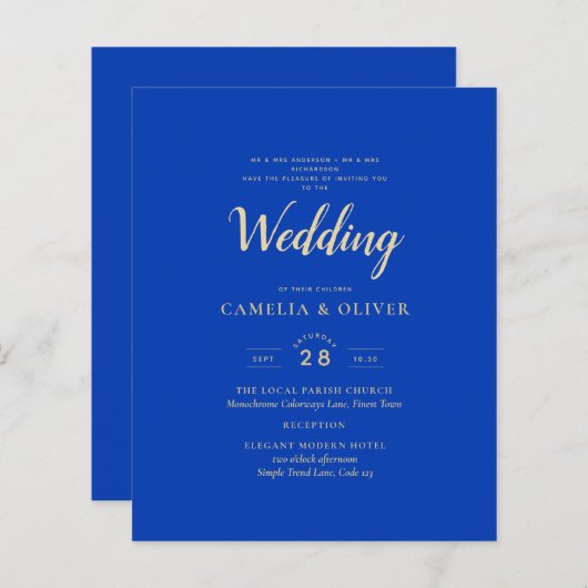 Papier Budget Royal Blue Monochrome Mariage INVITE (Devant / Derrière)
