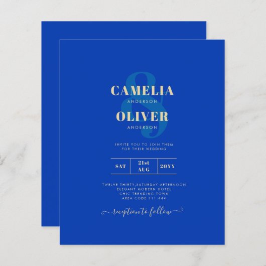 Papier Budget Royal Blue Monochrome Mariage INVITE (Devant / Derrière)
