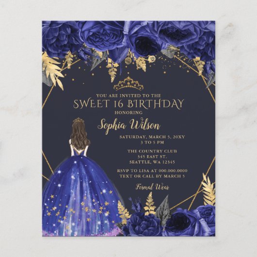Papier Budget Royal Blue Princess Sweet 16 Invitation (Devant)