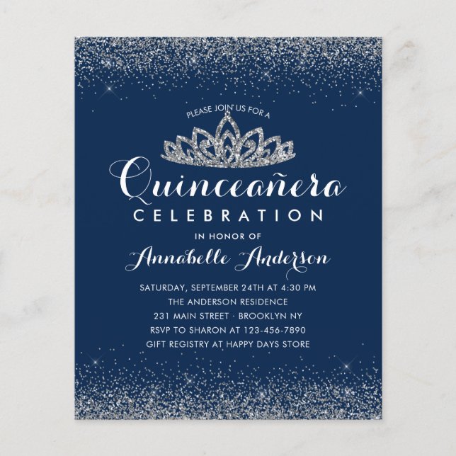 Papier Budget Royal Blue Quinceañera Silver Tiara Invitat (Devant)