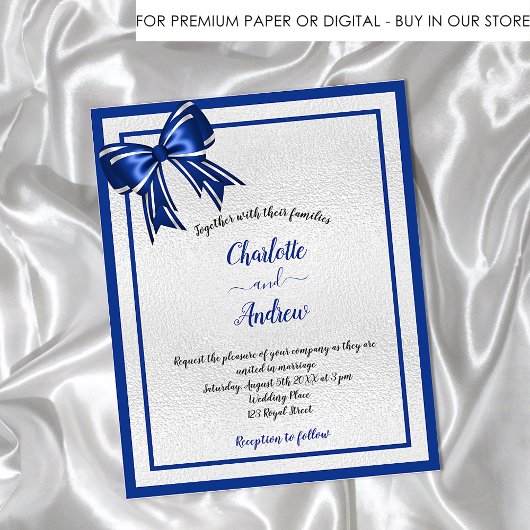 Papier Budget royal blue silver bow wedding invitation
