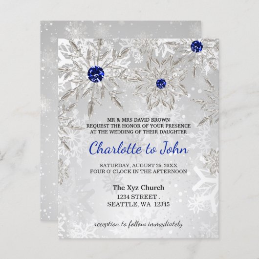 Papier Budget Royal Blue Snowflakes Faire-part de mariage (Devant / Derrière)