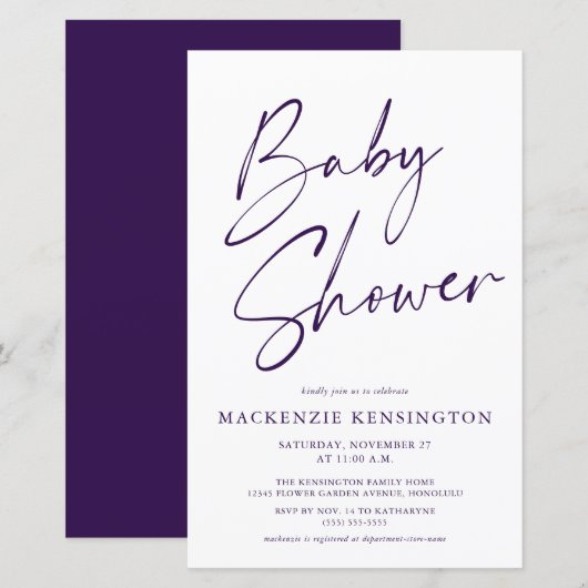 Papier Budget Royal Purple Simple Script Baby shower (Devant / Derrière)