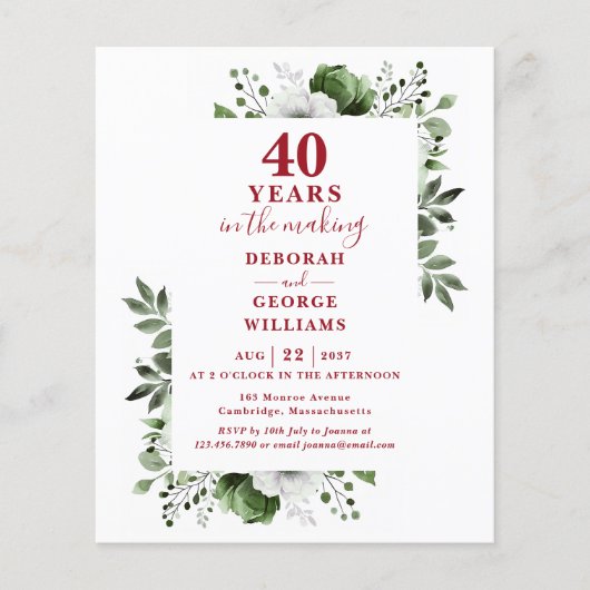 Papier Budget Ruby 40e anniversaire Mariage Invitation fl (Devant)