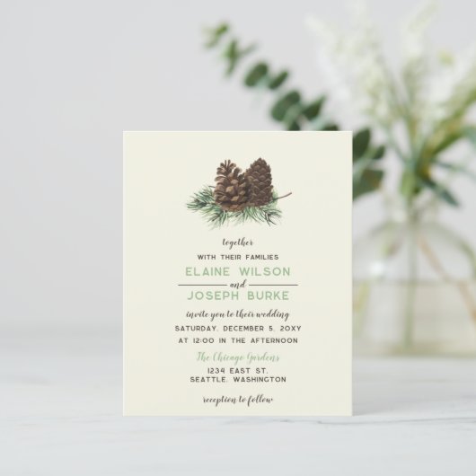 Papier Budget Russe Pine Cone Faire-part de mariage d'hiv (Debout devant)