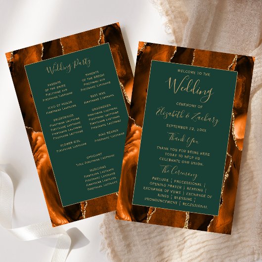 Papier Budget Rust Gold Agate Green Wedding Program