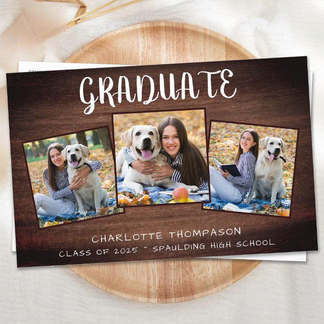 Papier Budget Rustic 3 Photo Graduation Invitation (Créateur téléchargé)
