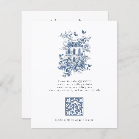 Papier Budget Rustic Blue Toile De Jouy QR Code Mariage (Devant / Derrière)