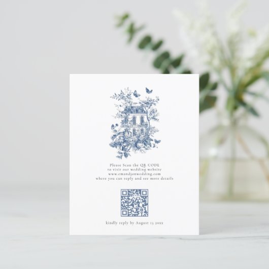 Papier Budget Rustic Blue Toile De Jouy QR Code Mariage (Debout devant)