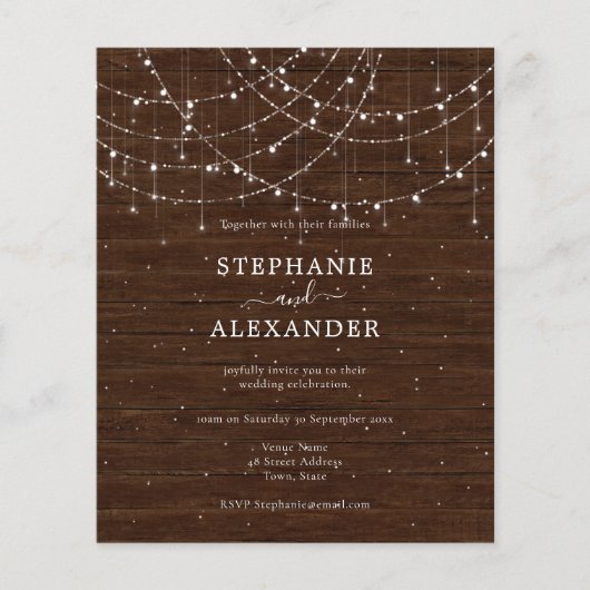Papier Budget Rustic Bois Chaîne Lumières Mariage Invitat (Devant)
