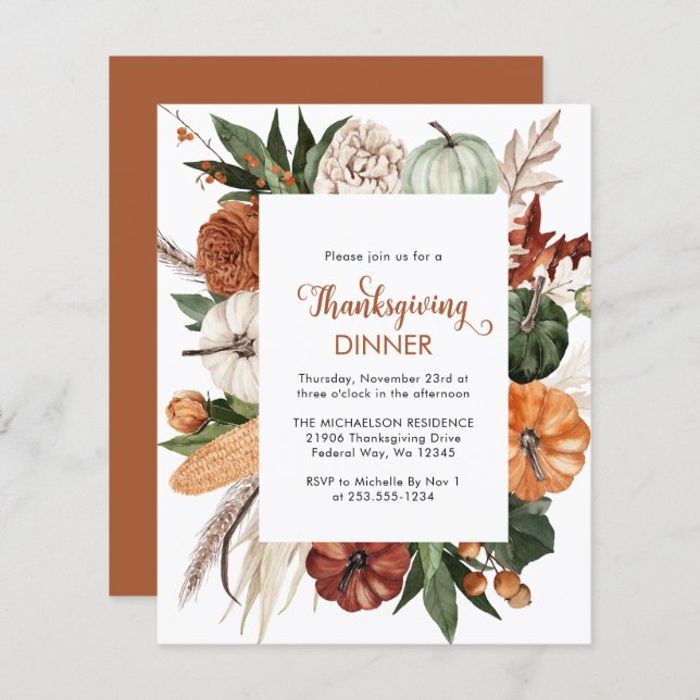 Papier Budget Rustic Brown Thanksgiving Dîner Invitation (Devant / Derrière)
