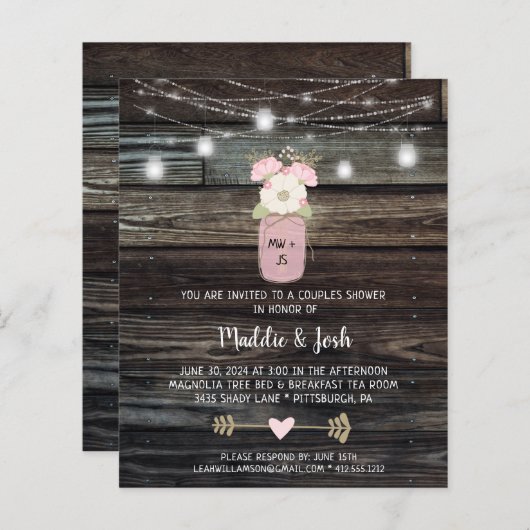 Papier Budget Rustic Couples Douche Mason Jar Invitation (Devant / Derrière)