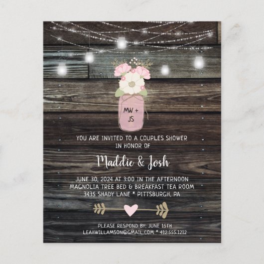 Papier Budget Rustic Couples Douche Mason Jar Invitation (Devant)