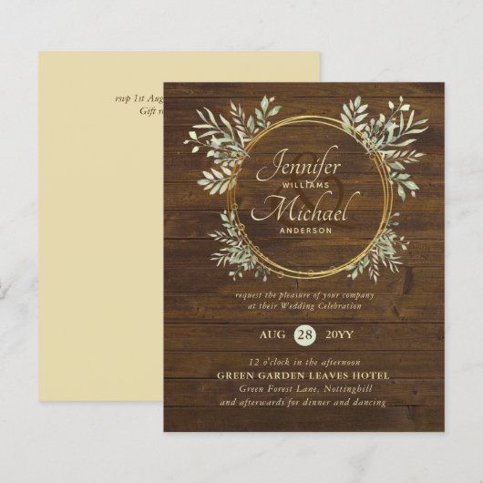 Papier BUDGET Rustic Gold Greenery Wreath Wedding Invitat (Devant / Derrière)