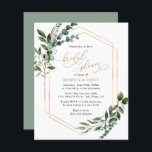 Papier Budget Rustic Green Invitation à la douche nuptial<br><div class="desc">Cette élégante collection Rustic Greenery Gold présente des feuilles de couleur d'eau mélangée avec un cadre géométrique doré associé à une police serif élégante en noir et or. Éléments correspondants disponibles.</div>