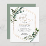 Papier Budget Rustic Green Invitation à la douche nuptial<br><div class="desc">Cette élégante collection Rustic Greenery Gold présente des feuilles de couleur d'eau mélangée avec un cadre géométrique doré associé à une police serif élégante en noir et or. Éléments correspondants disponibles.</div>