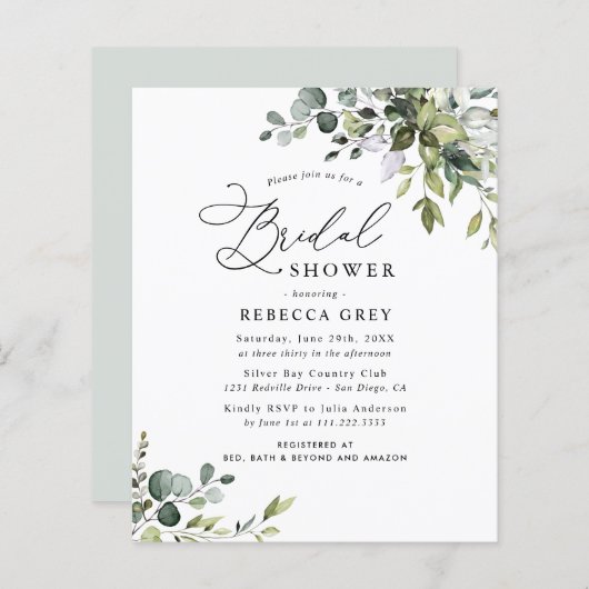 Papier Budget Rustic Green Invitation à la douche nuptial (Devant / Derrière)