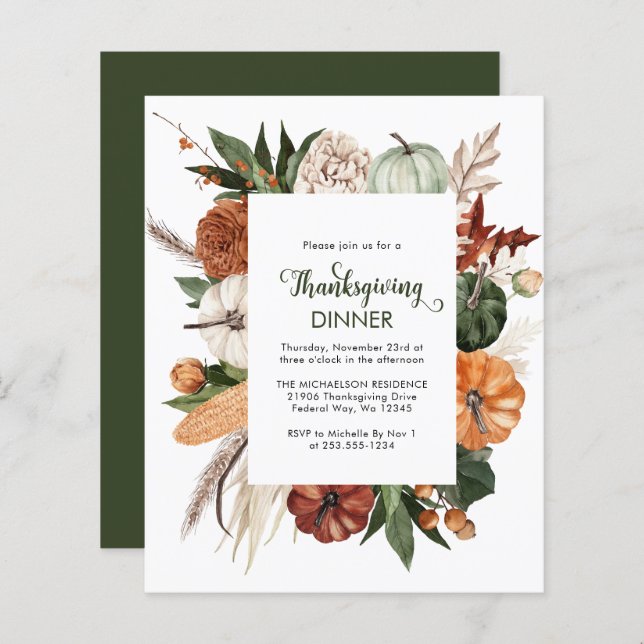 Papier Budget Rustic Green Thanksgiving Dîner Invitation (Devant / Derrière)