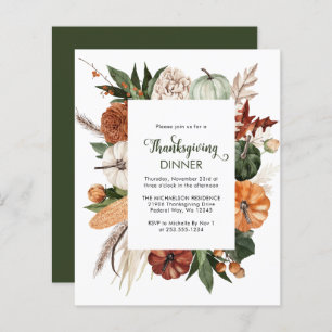 Papier Budget Rustic Green Thanksgiving Dîner Invitation