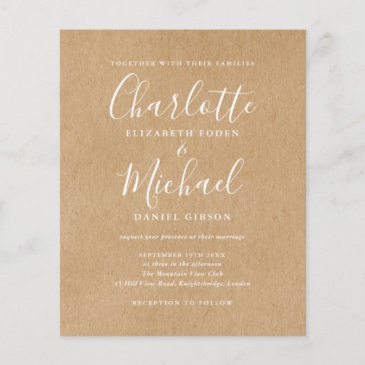 Papier Budget Rustic Kraft Script Wedding Invitation (Devant)