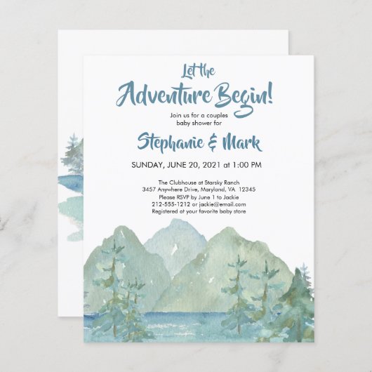 Papier Budget Rustic Mountains Baby shower d'aventure (Devant / Derrière)