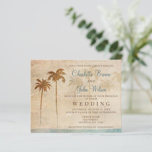 Papier Budget Rustic Palm Trees Plage Mariage Invitation (Debout devant)