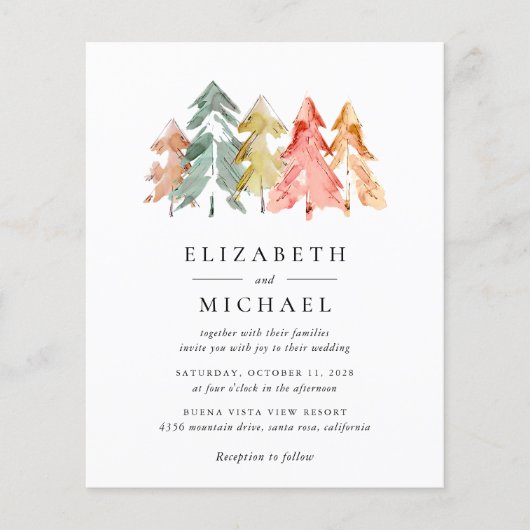 Papier Budget Rustic Pine Trees Aquarelle Invitation (Devant)