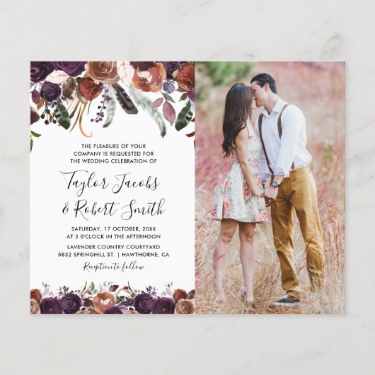 Papier Budget Rustic Plum Floral Faire-part de mariage ph (Devant)